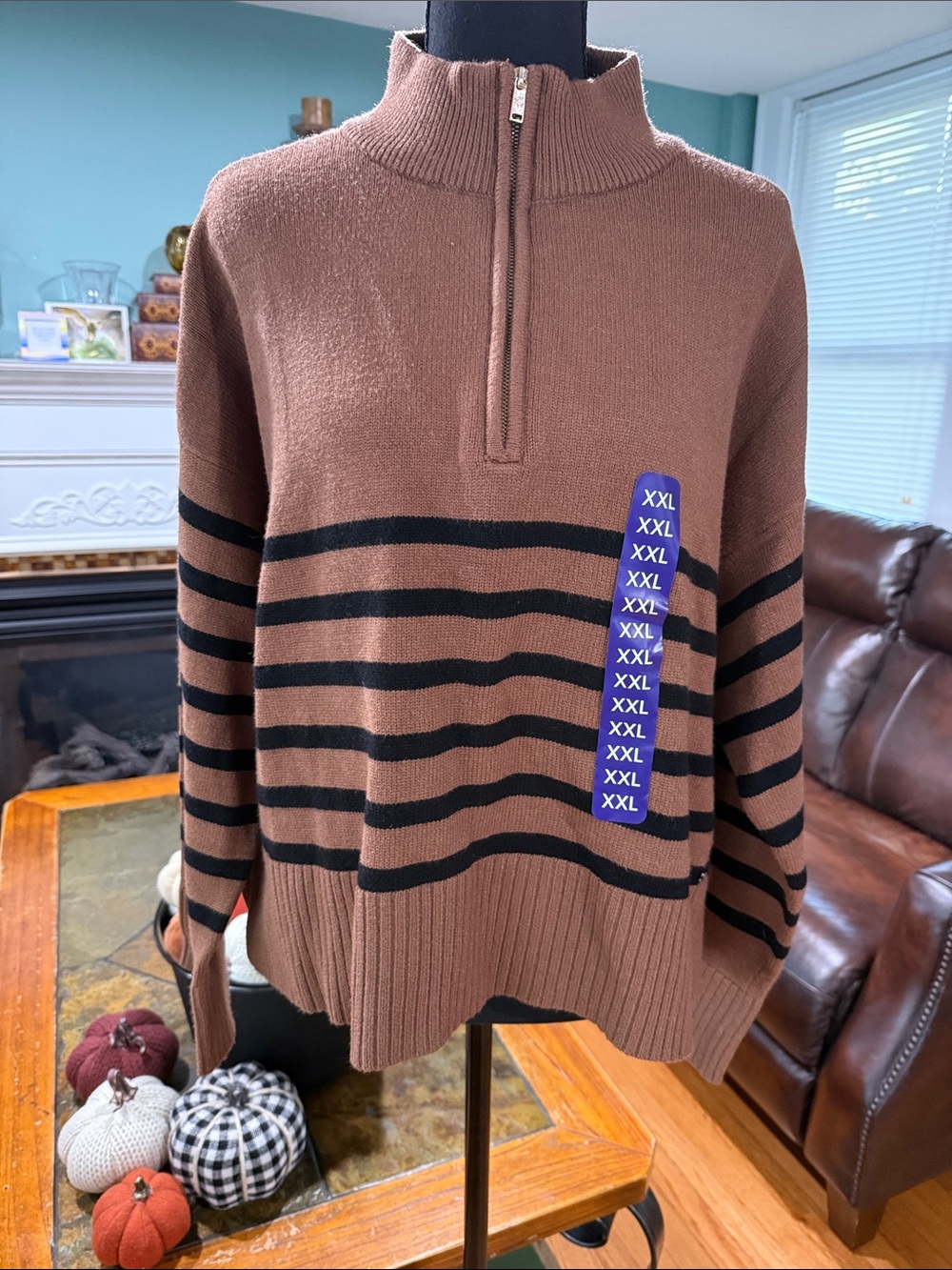 Dkny Brown and Black Striped Half-Zip Sweater Cozy